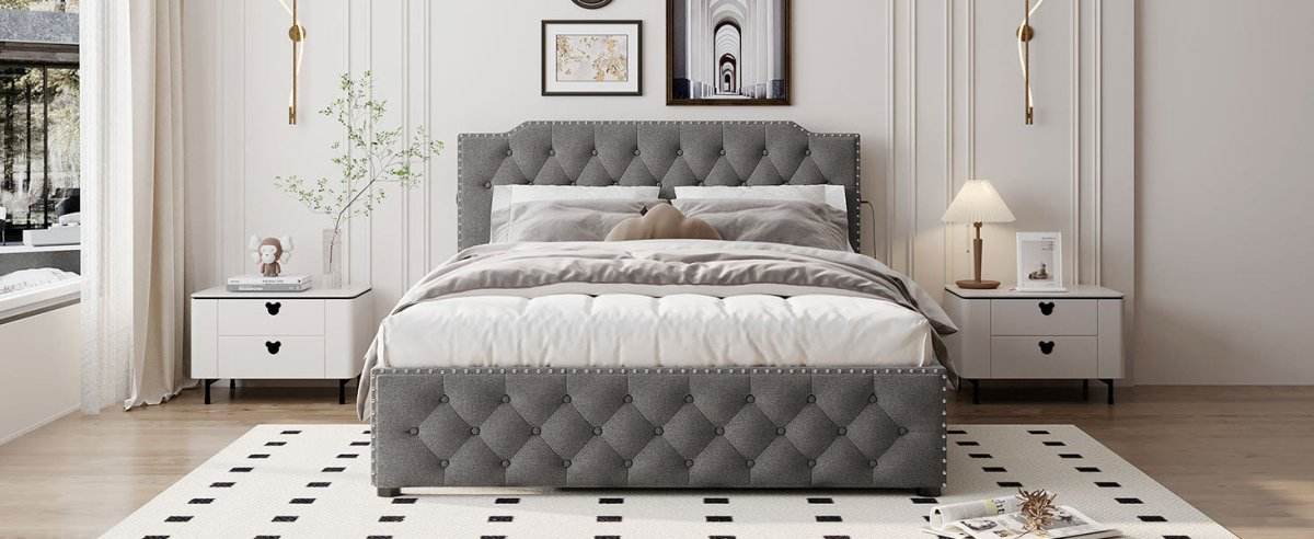 Upholstered Linen Platform Bed With Twin Trundle And USB Ports - Sleep Galleria