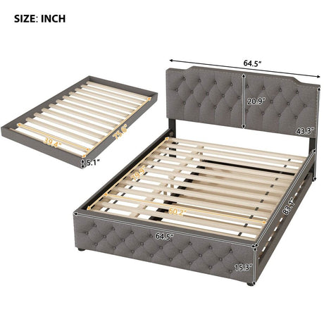 Upholstered Linen Platform Bed With Twin Trundle And USB Ports - Sleep Galleria