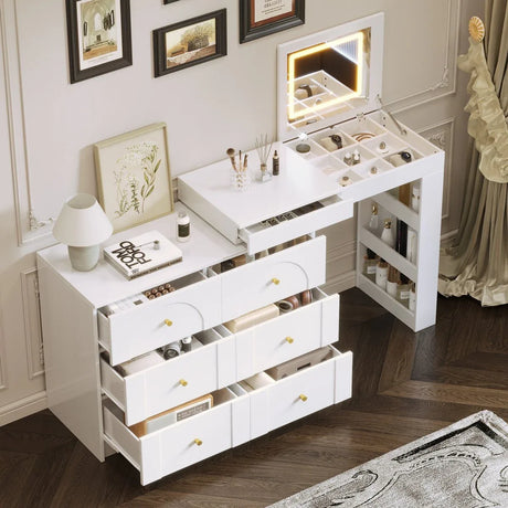 White Makeup Vanity Desk With Mirror Lights And Storage - Omega Lifestyles
