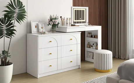 White Makeup Vanity Desk With Mirror Lights And Storage - Omega Lifestyles