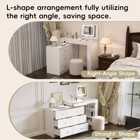 White Makeup Vanity Desk With Mirror Lights And Storage - Omega Lifestyles