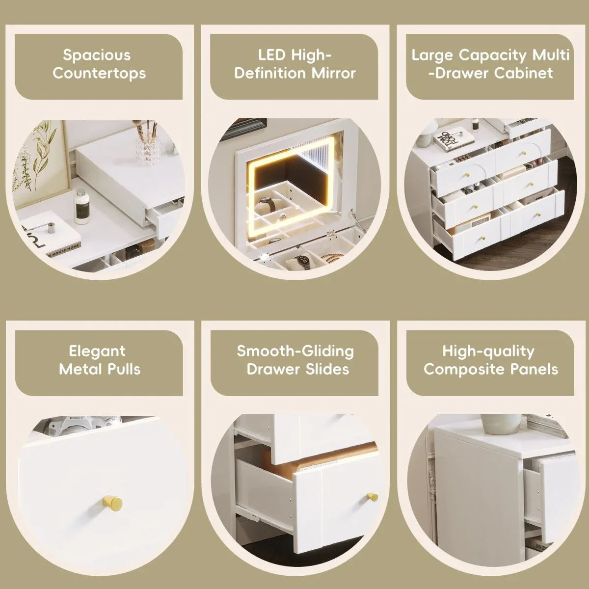 White Makeup Vanity Desk With Mirror Lights And Storage - Omega Lifestyles