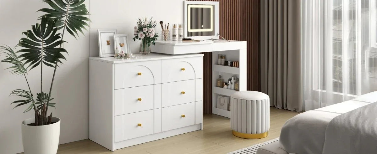 White Makeup Vanity Desk With Mirror Lights And Storage - Omega Lifestyles