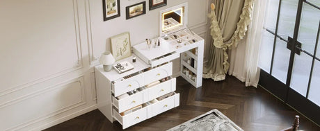 White Makeup Vanity Desk With Mirror Lights And Storage - Omega Lifestyles