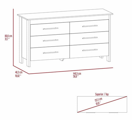 White Six Drawer Particle Board Dresser With Metal Pulls - Omega Lifestyles