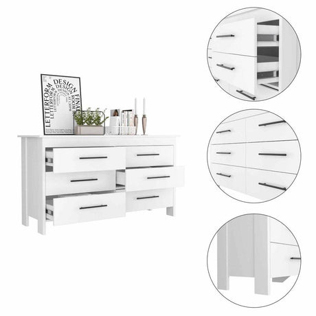 White Six Drawer Particle Board Dresser With Metal Pulls - Omega Lifestyles