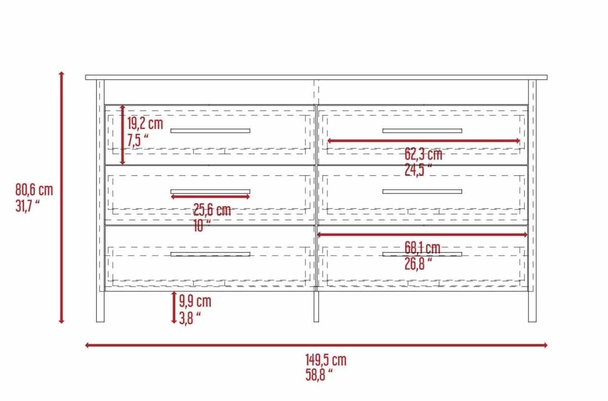 White Six Drawer Particle Board Dresser With Metal Pulls - Omega Lifestyles