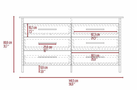 White Six Drawer Particle Board Dresser With Metal Pulls - Omega Lifestyles