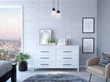 White Six Drawer Particle Board Dresser With Metal Pulls - Omega Lifestyles