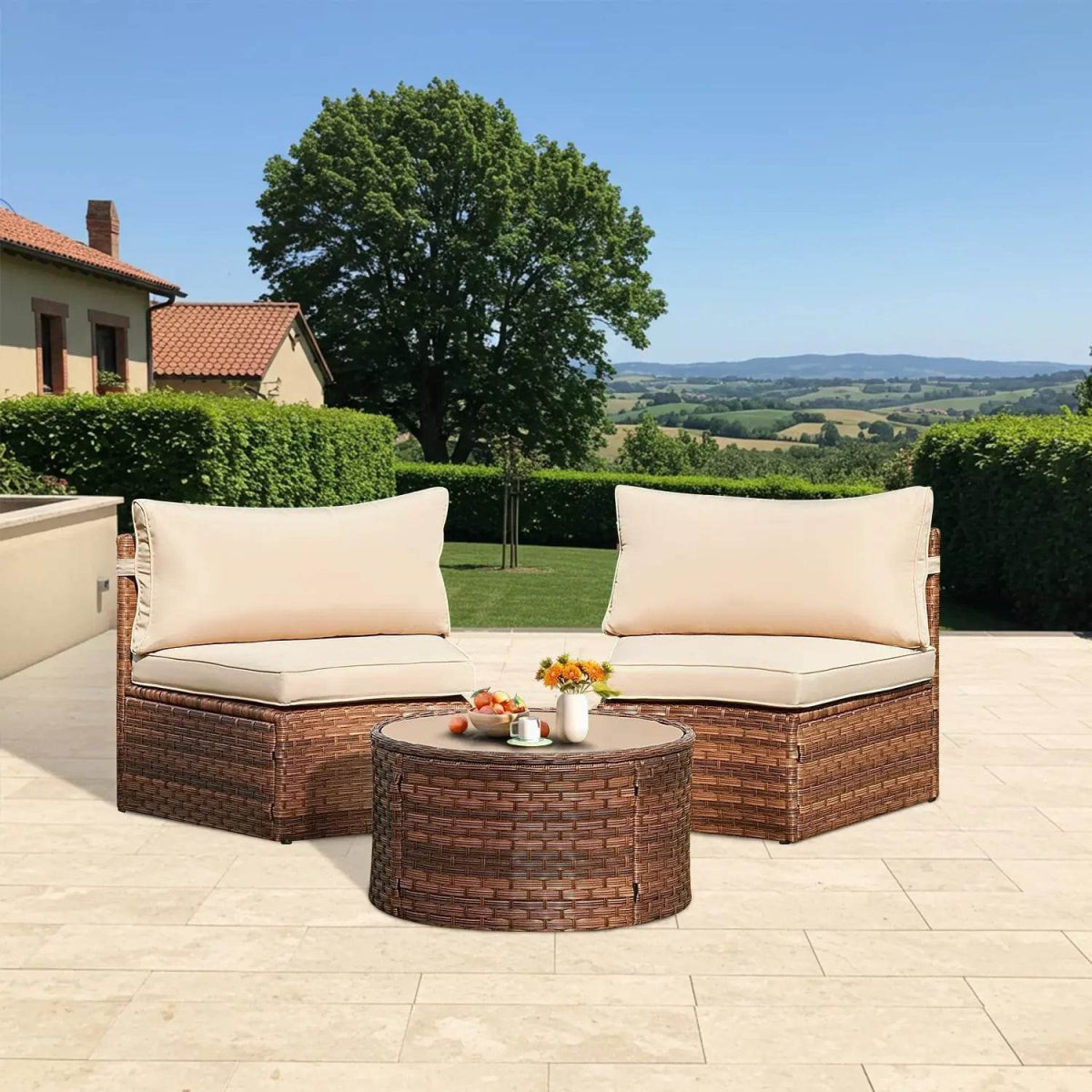 7-Piece Half Moon Outdoor Wicker Patio Furniture Set - Omega Lifestyles